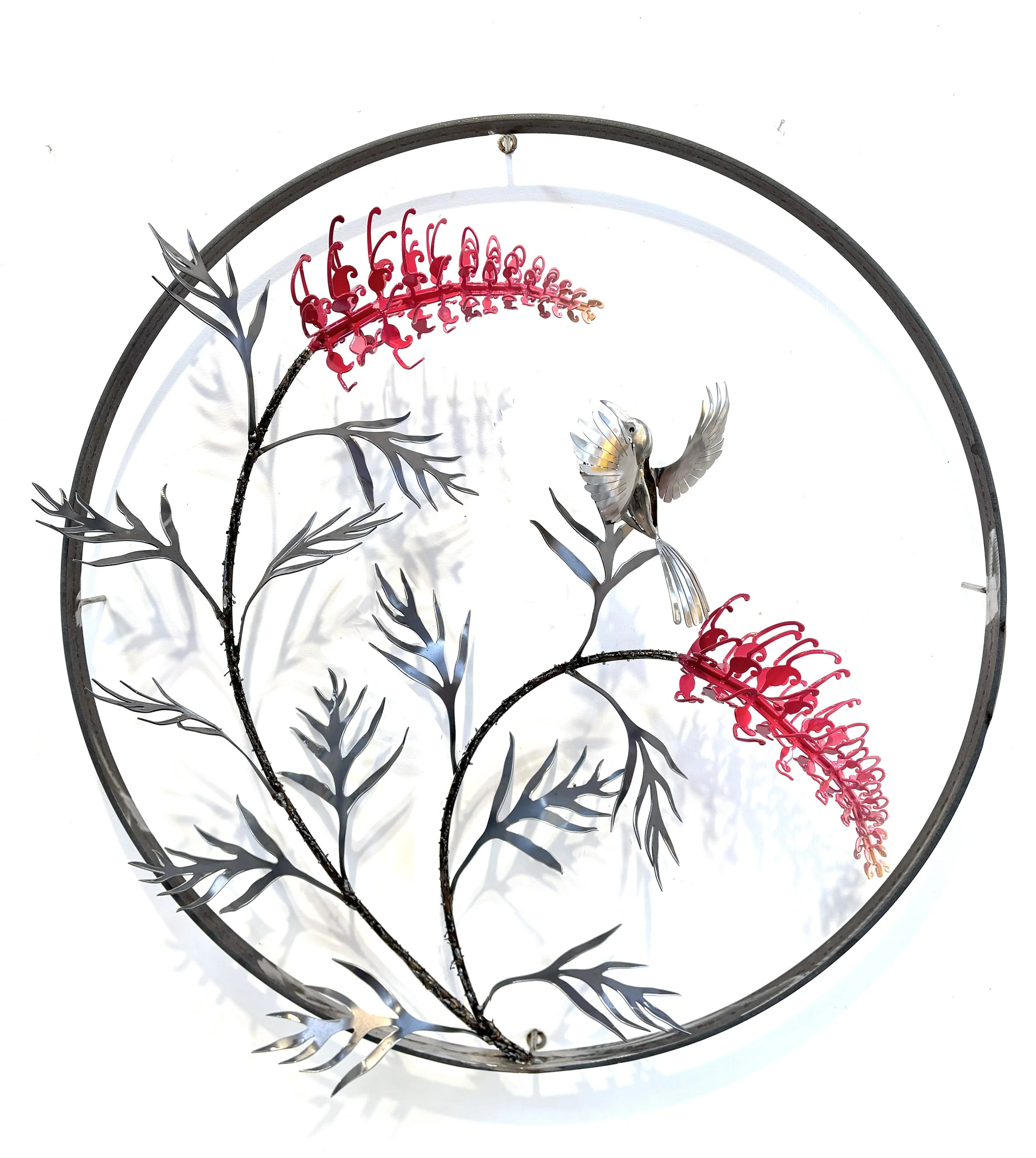 Double Grevillea wall piece with landing Spinebill by Grant Flather