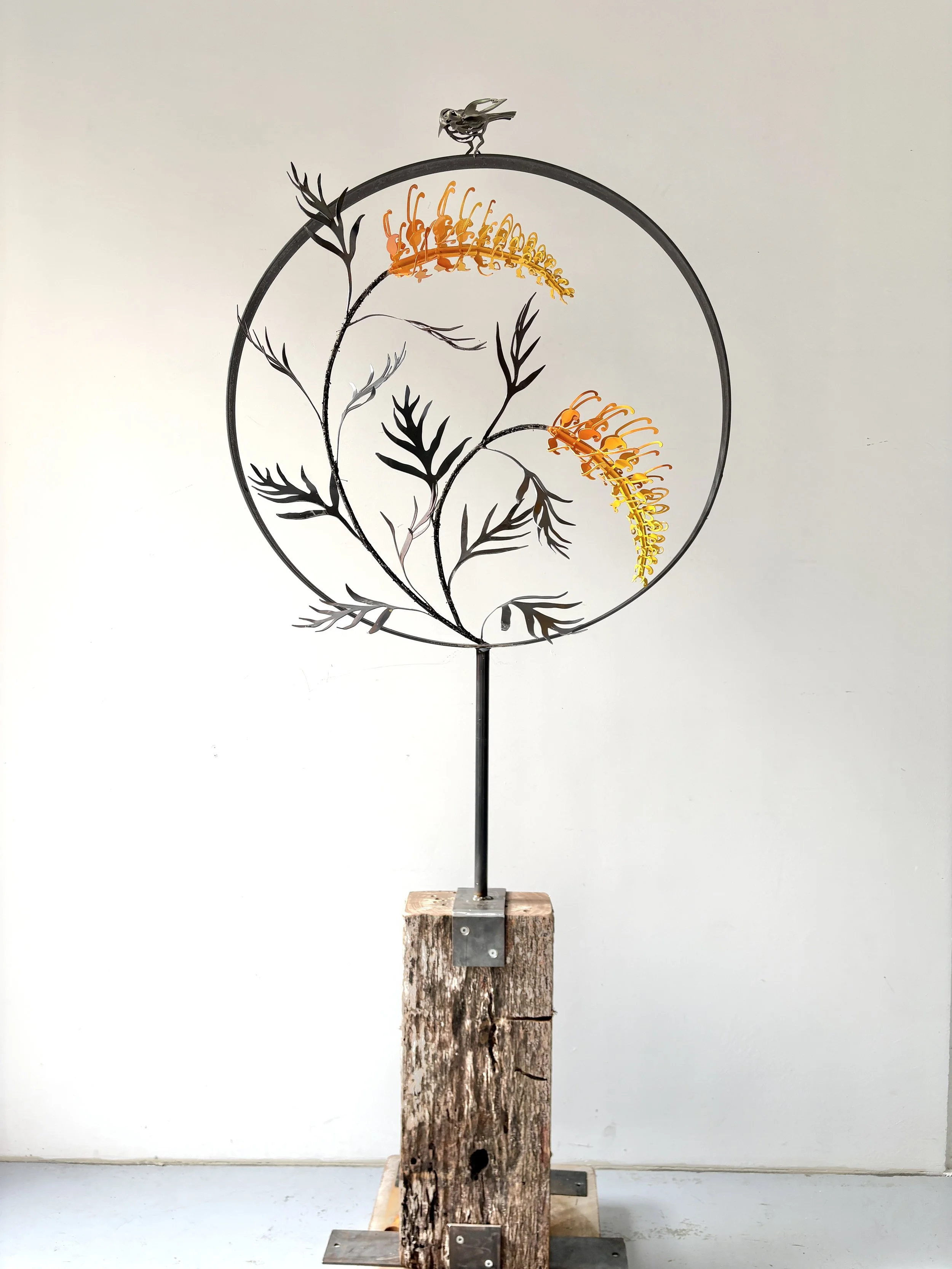 Double Standing Grevillea sculpture with bird by Grant Flather