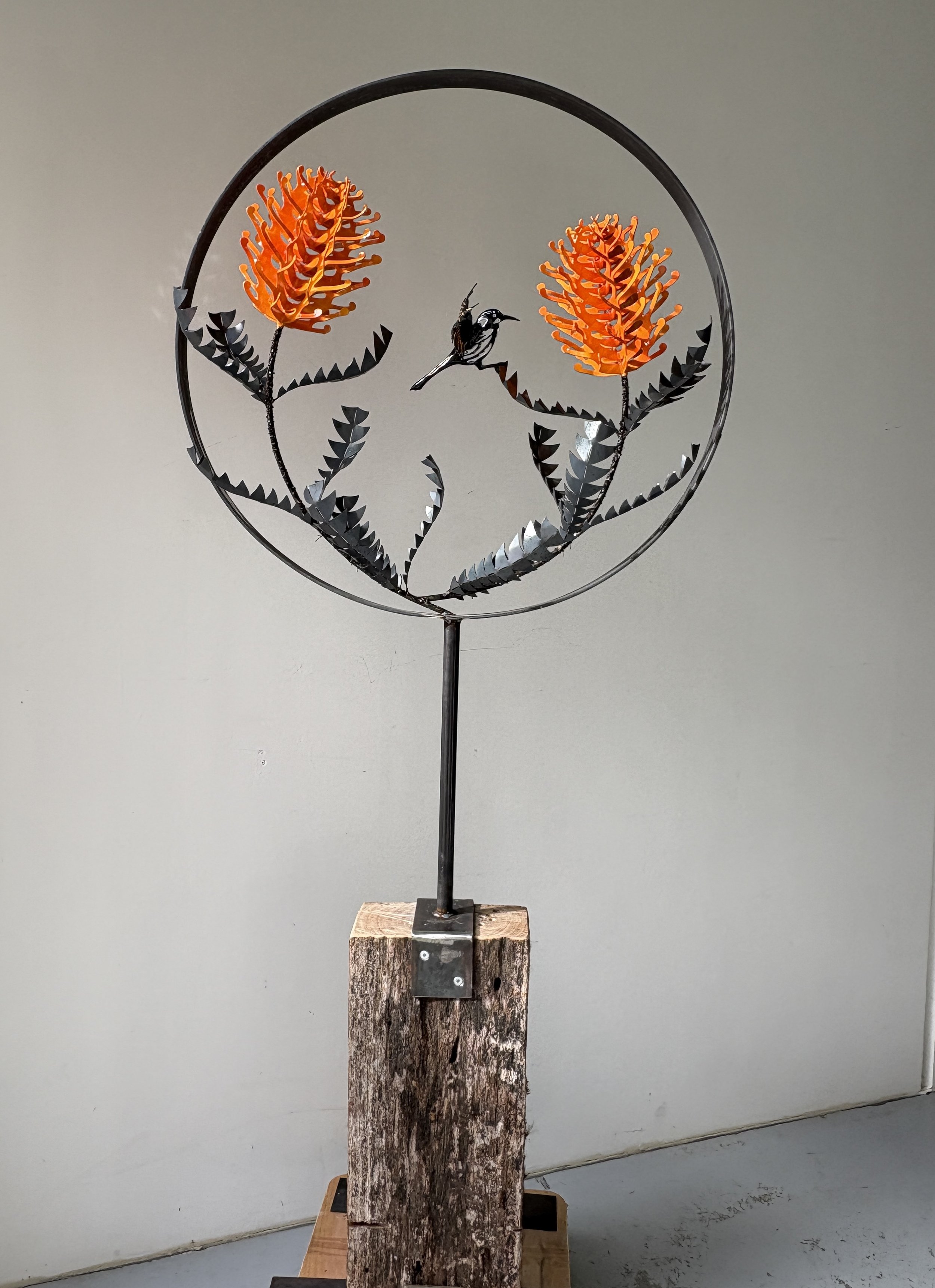 Double Standing Banksia Baxteri sculpture with bird by Grant Flather