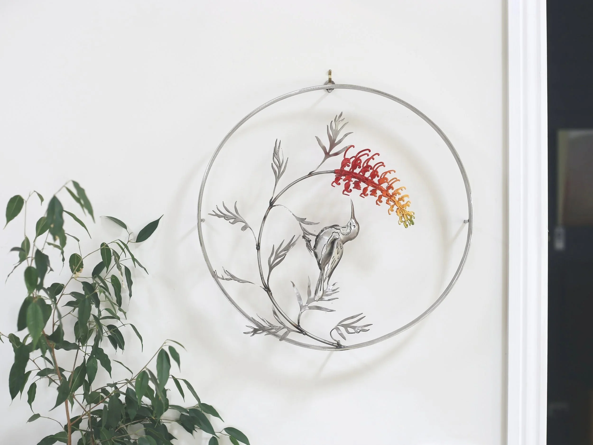 Single Small Grevillea wall sculpture with Eastern Spinebill