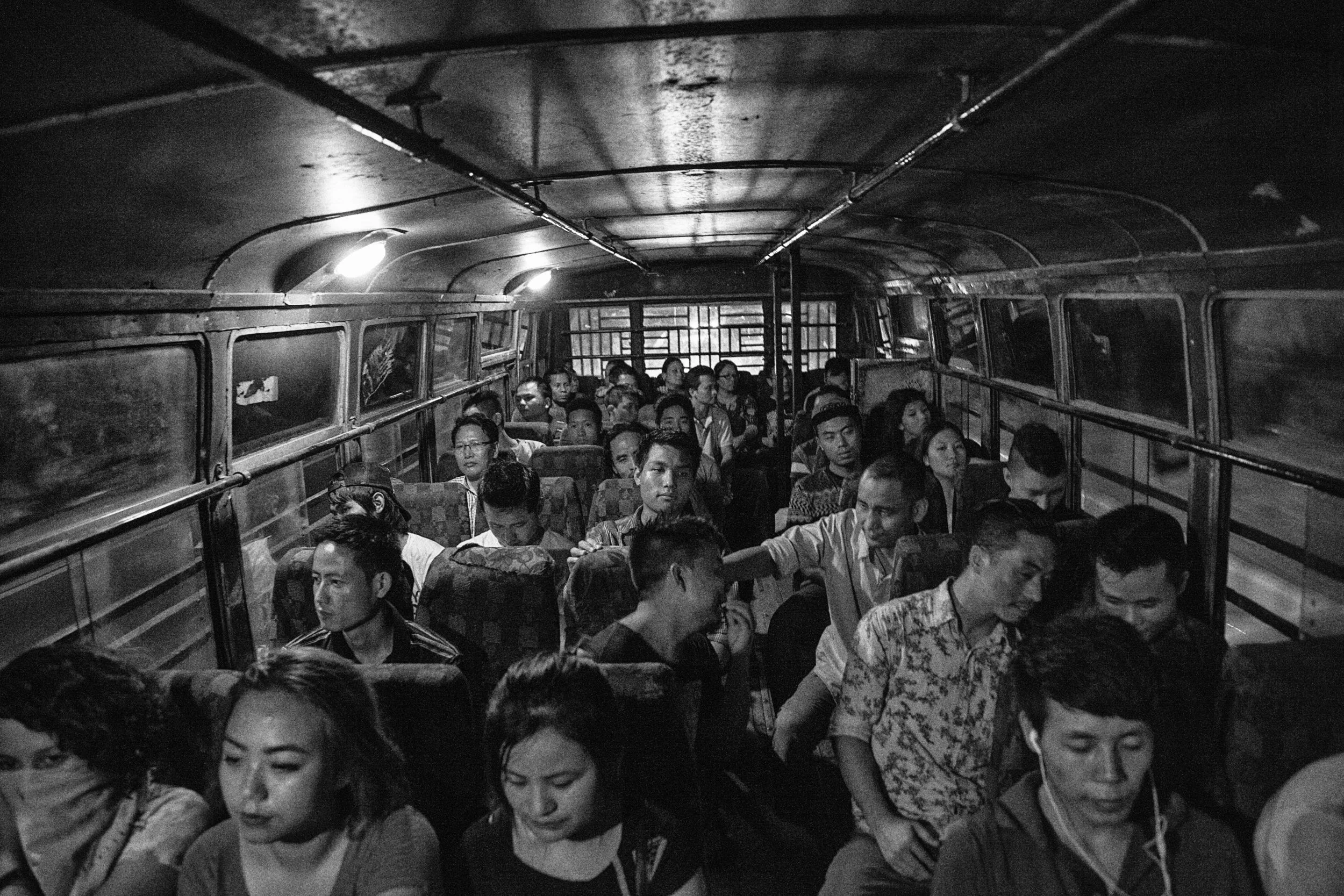  June, 2016: Young men and women from the hills of Manipur state in India ride a bus en route to Manipur Bhawan in Delhi, to protest against a delegation of state legislators in the city to pressure the Central leadership to give assent to three bill