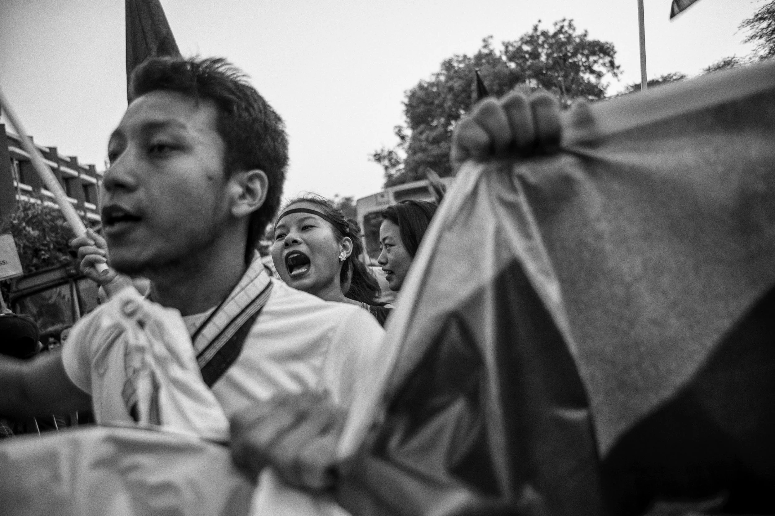  June,&nbsp;2016: Young men and women from the hills of Manipur state in India protest outside Manipur Bhawan in Delhi,&nbsp;against a delegation of state legislators in the city to pressure the Central leadership to give assent to three bills that t