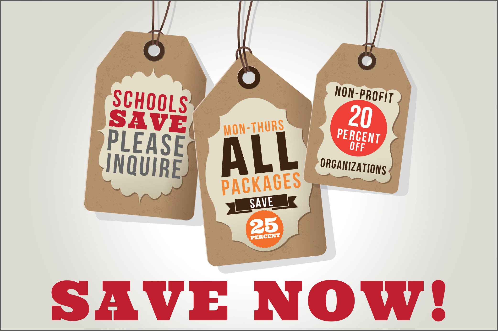 Take advantage of our weekday prices. Non-profit organizations also enjoy our Community Leader prices. 