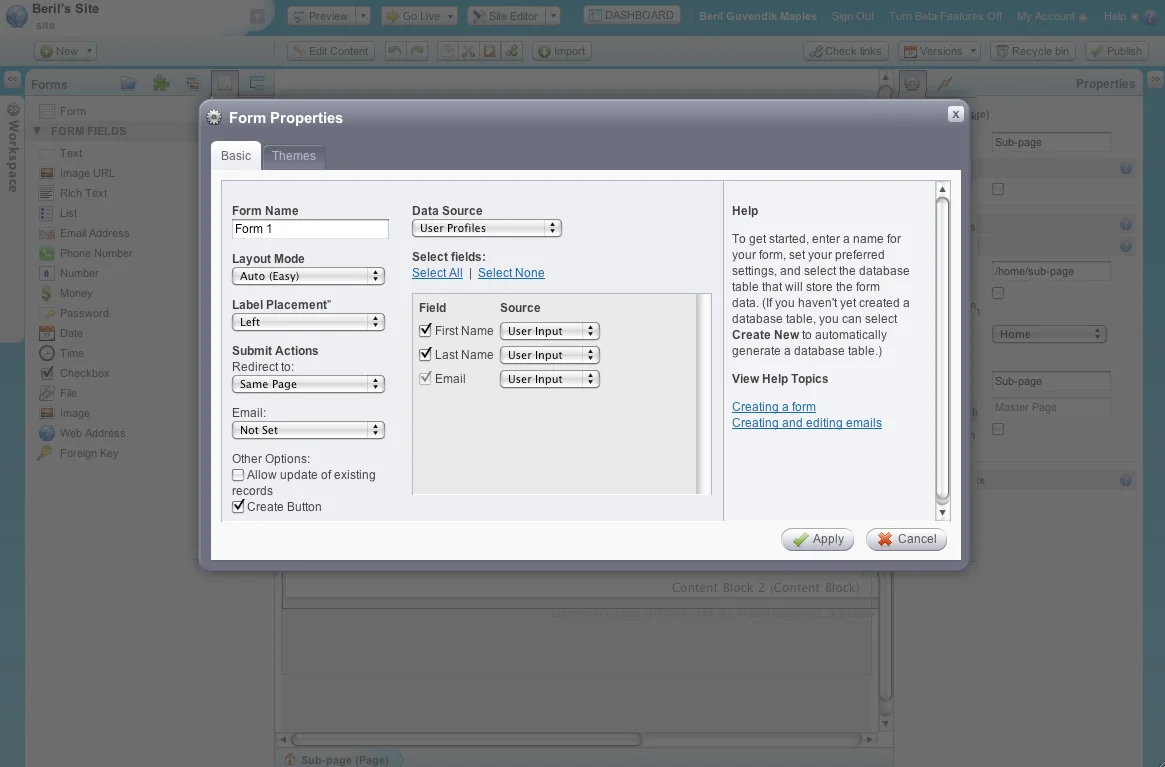 Creating forms on the site builder