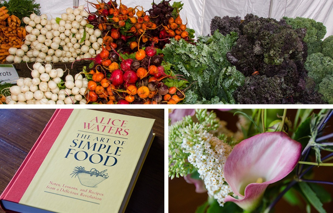 Step 1: The day before the party, head to the farmer's market and pick out whatever looks nice! I got some peaches, tomatillos, zucchini, and some squash blossoms. Then find recipes to center around those ingredients in the cookbook. Also, make some nice flowers for the table, of course :)