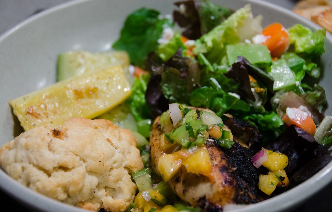 Step 4: Next, pull out the cookies and biscuits to bake before the party arrives. Get the meat and veggies ready for the grill, and assemble the salad, stash in the fridge. Then when everyone arrives and has started on the wine and snacks, grill up the chicken and veggies! 