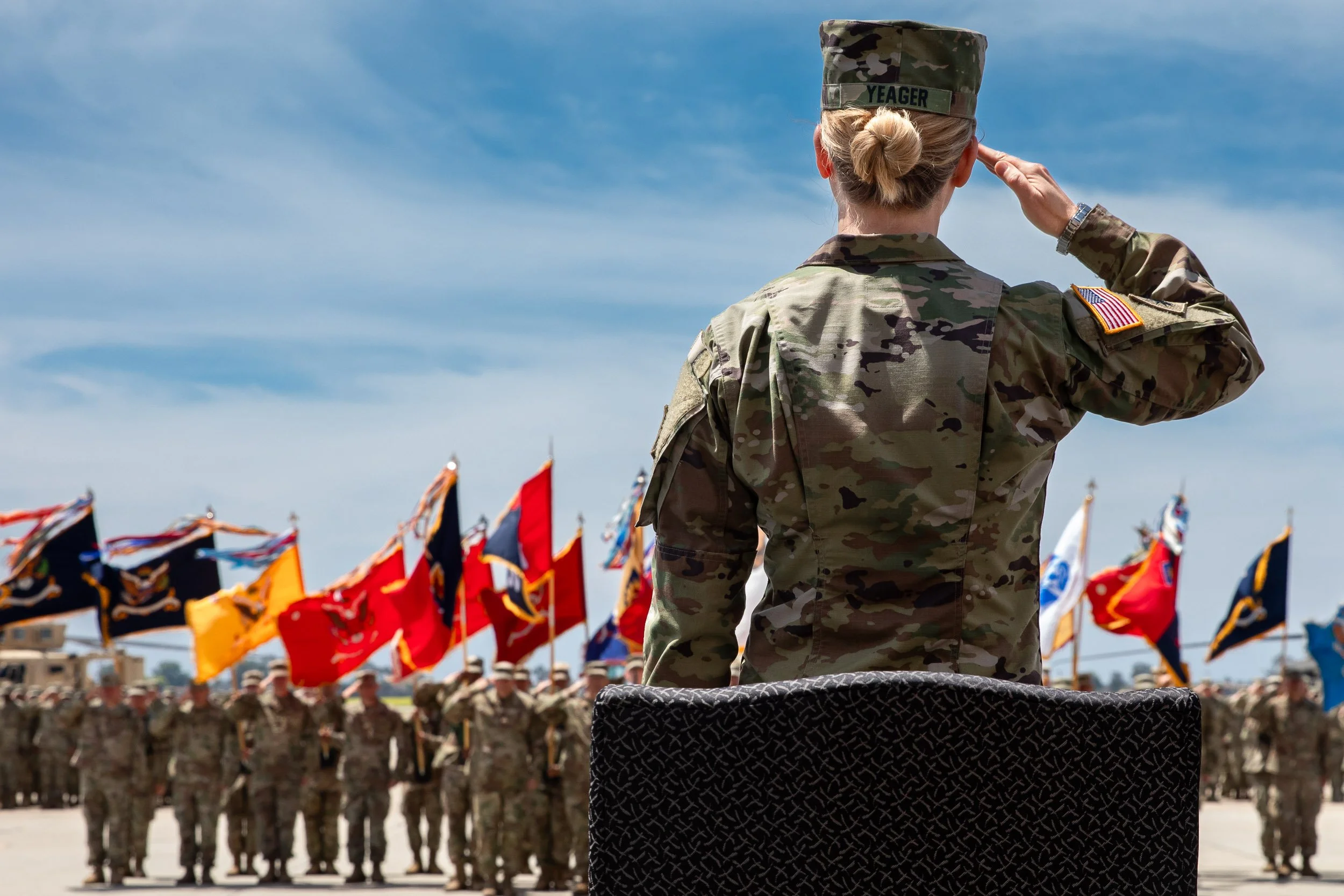 Alumna Major General Laura Yeager takes over command at Los Alamitos Army Air Field.  Yeager is the first female to command the Army / For Long Beach State University / 2019