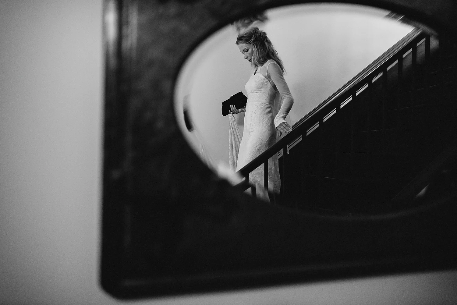 Best-Moody-Documentary-Wedding-Photography-Photojournalism-Vintage-Small-Town-Chapel-Wedding-Toronto-Ontario_Bride-exit-staircase.jpg