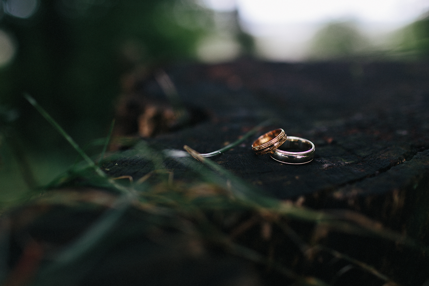 Best-Moody-Documentary-Wedding-Photography-Vintage-Small-Town-Chapel-Wedding-Toronto-Ontario_Candid_Groom-Getting-ready-at-Campsite-Vintage-wedding-rings-details-on-tree-stump.jpg