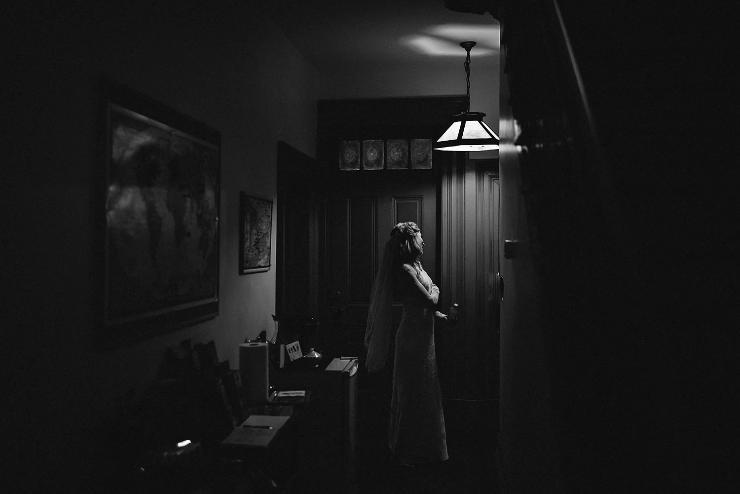 Best-Moody-Documentary-Wedding-Photography-Photojournalism-Vintage-Small-Town-Chapel-Wedding-Toronto-Ontario_Bride-in-vintage-hallway.jpg