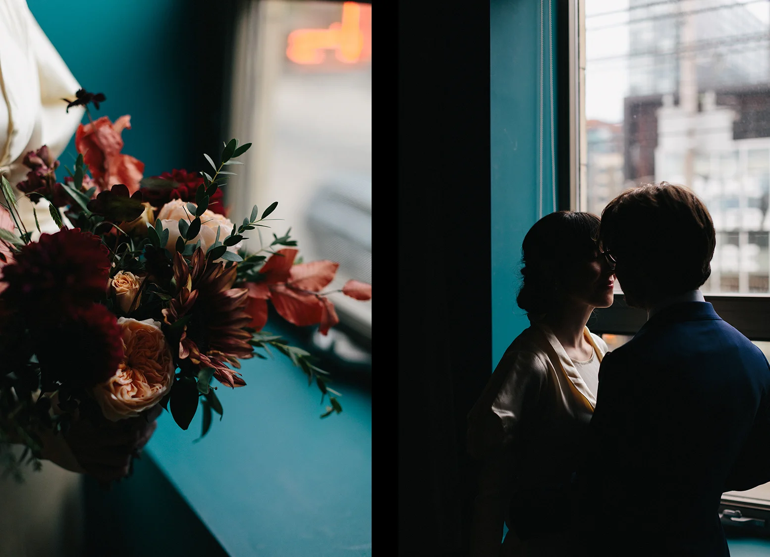 19-groom-laughing-bride-in-vintage-wedding-dress-portraits-by-window-moody-editorial-Toronto-Elopement-at-the-Drake-Hotel-pop-up-Torontos-Best-wedding-photographers-candid-documentary-photojournalistic.jpg