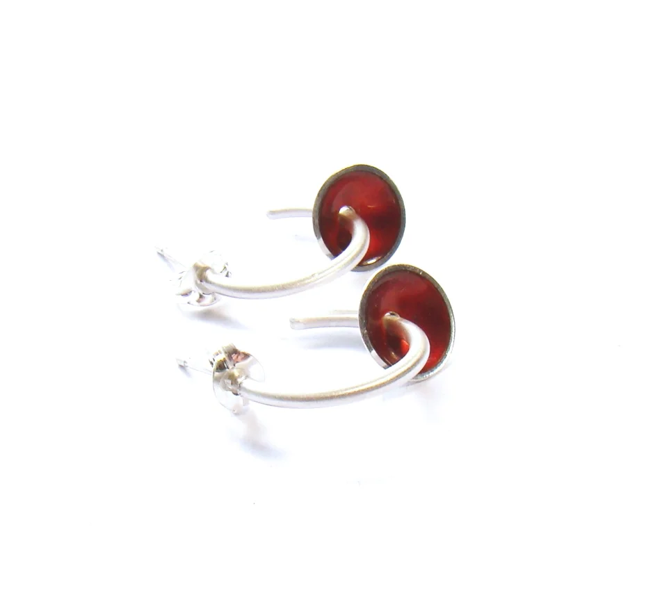 silver and red enamel hoop earrings