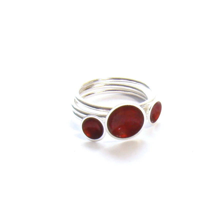 silver and enamel rings in cherry enamel