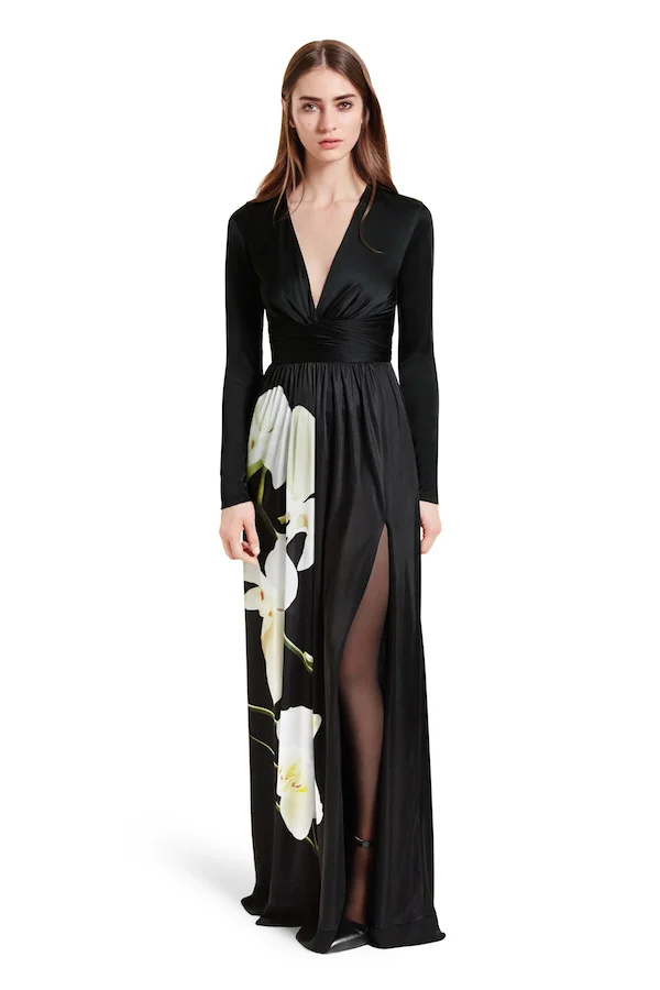 Maxi Dress in Black Orchid Print, $70