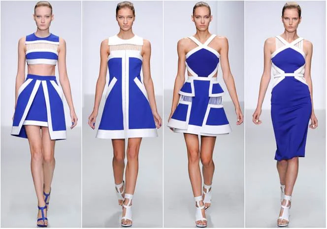 Gorgeous color blocking in bold blues! A modern flair that not only catches the eye but accentuates any figure! Source: www.tipitgirls.com