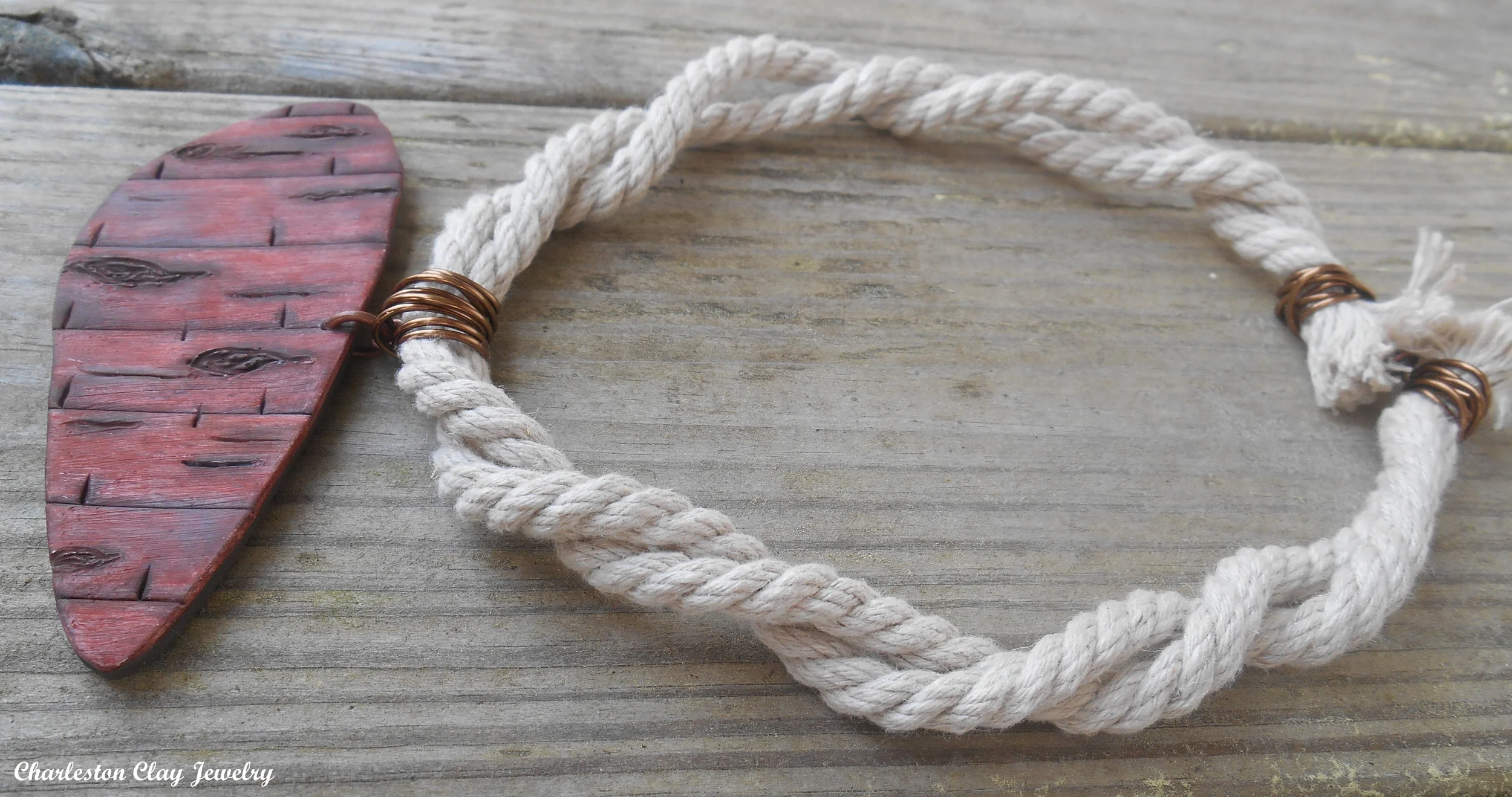 My answer to some of the wood trends! The "On The Fence" neck piece! A fabulous faux wood that I paired with hemp cording for a rustic and rugged finish!