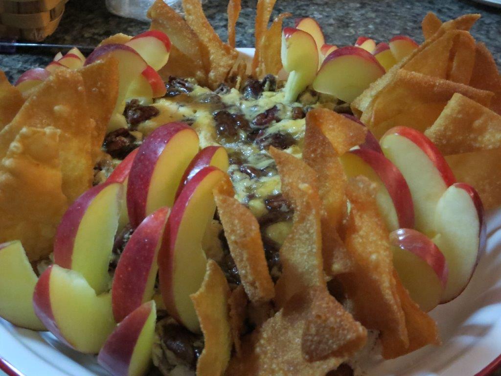 Cheddar Chutney Cheesecake, served with fried won tons and apple wedges..jpg