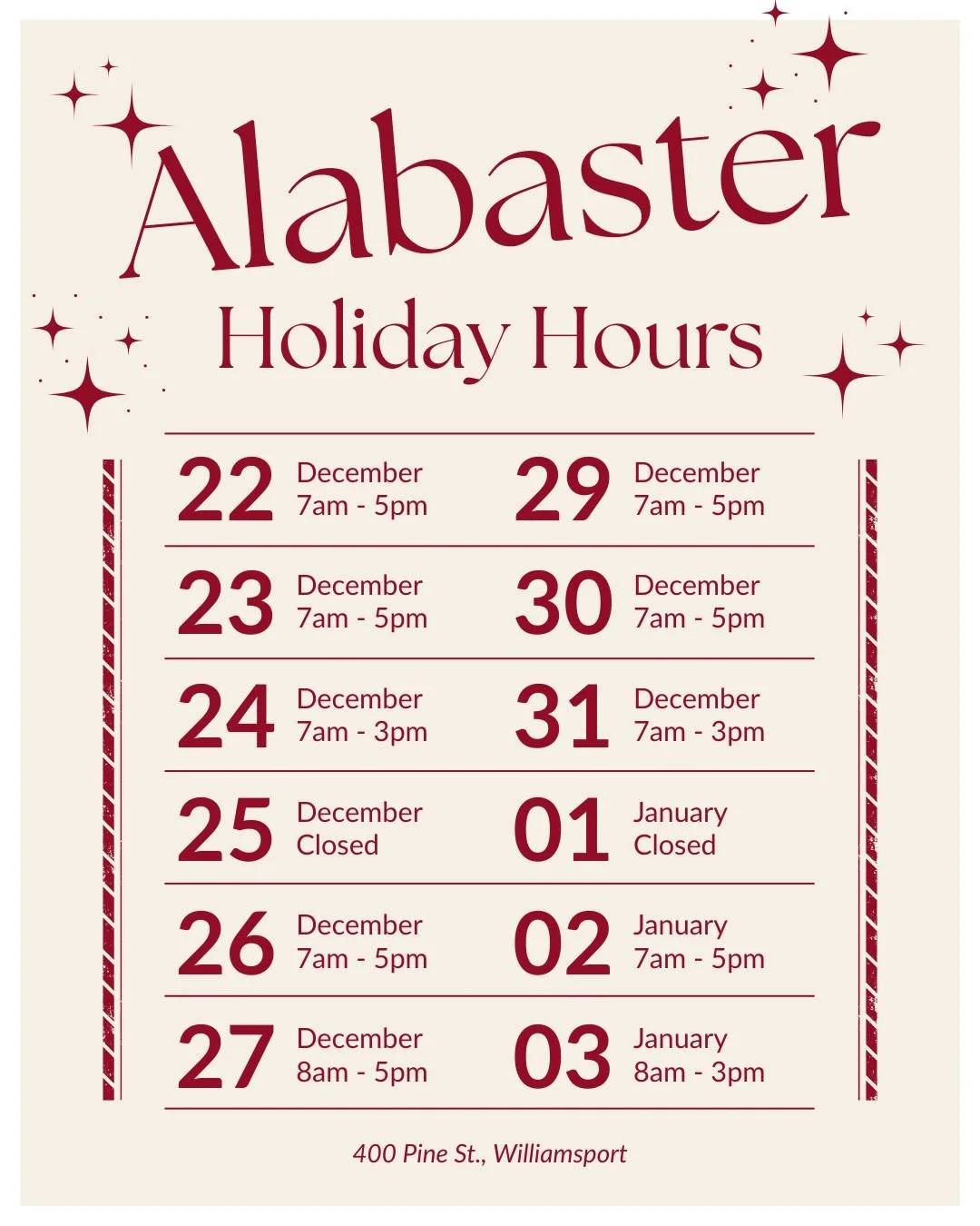 Holiday Hours! TL:DR Closing early Christmas Eve &amp; NYE, Closed Christmas Day &amp; NYD. Regular hours otherwise. 

Roasterie hours will also reflect the holiday so online orders will be delayed a day or so. Also the chaos that is holiday shipping