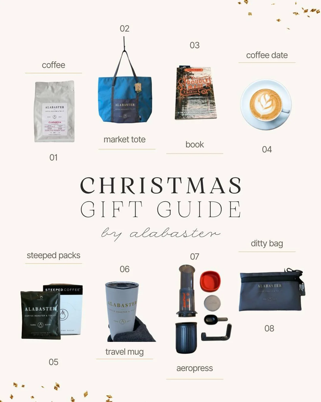 A brief gift guide.

1) Coffee (Colombia Claraboya Natural pictured).
2) Market Tote by Nittany Mountain Works.
3) Good Book. We recommend Proudly Made by our friend Ta Enos.
4) Coffee Date.
5) Sabra Blend Steeped Packs. Perfect travel coffee.
6) Tra