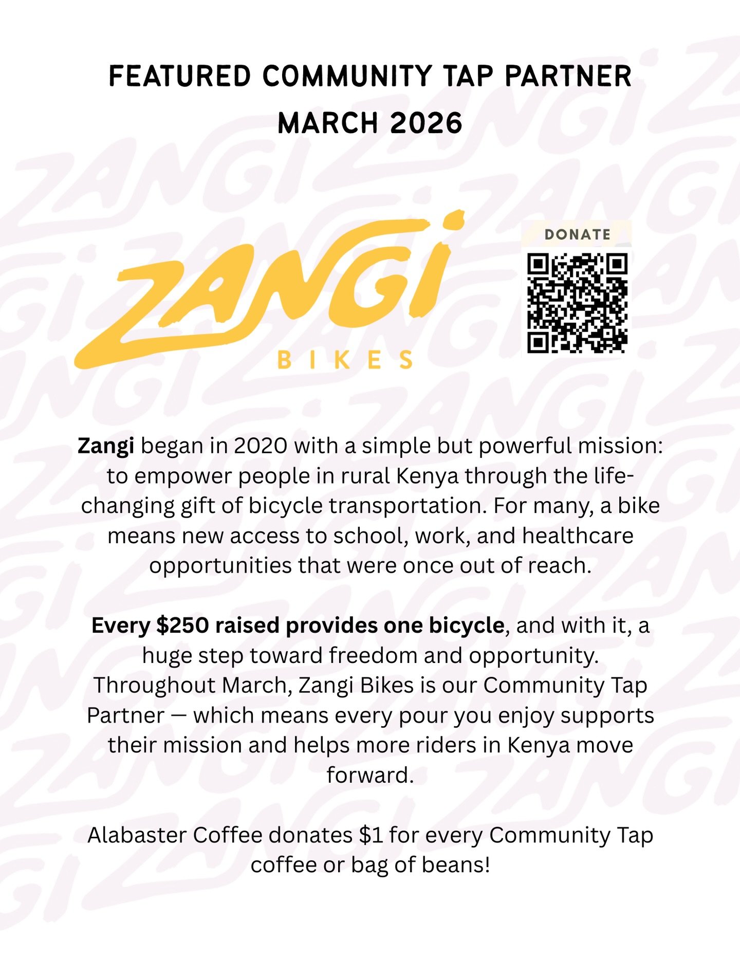 We&rsquo;re proud to be partnering with @zangibikes for our March Community Tap! Through Zangi every $250 raised purchases a bike to be donated to be donated to families in rural Kenya. 
_
#alabastercoffee #williamsport #coffee