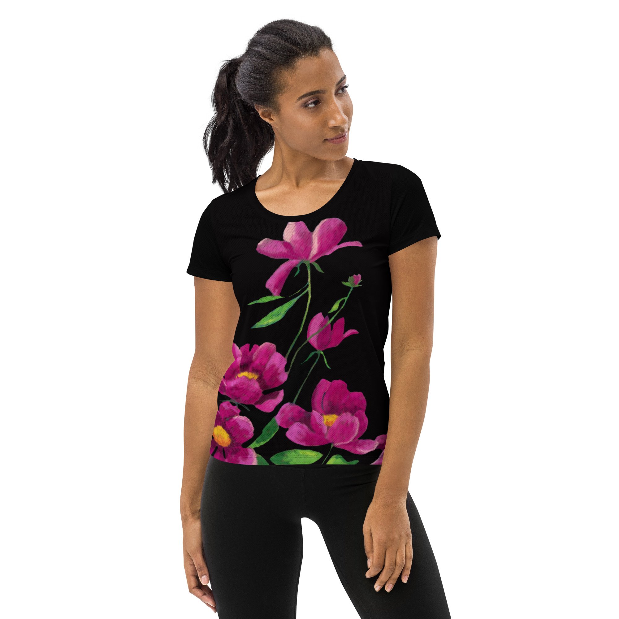 Peony Passion Black Women's Athletic T-shirt — Marlene Rye