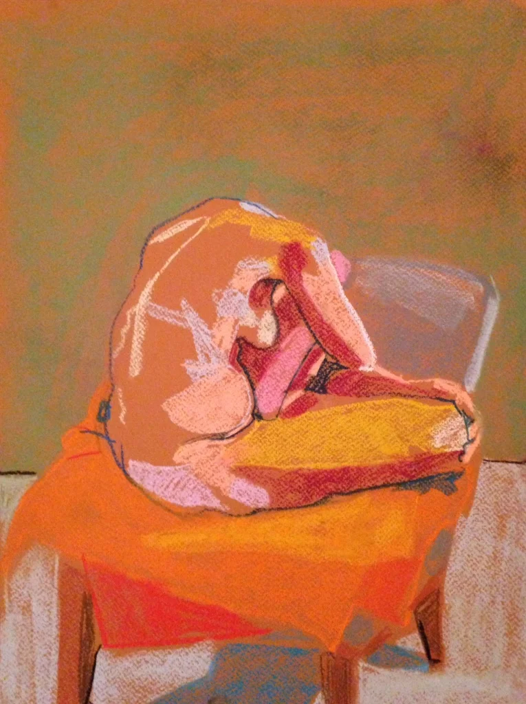 Headless Nude (Green/Orange), 2014, pastel on paper, 16 x 12in