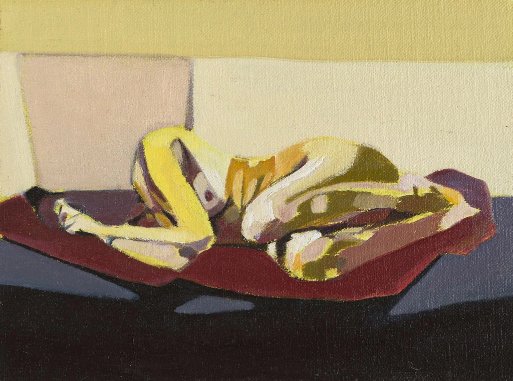 Headless Nude (Lying, Pale Yellow/Grey) , 2014, oil on linen on board , 6 x 8in.