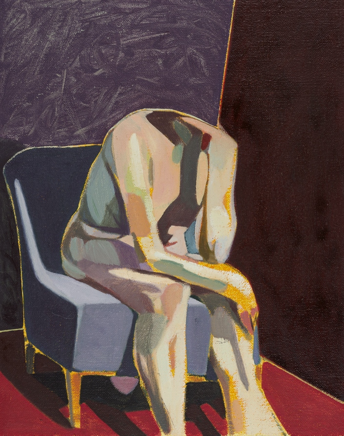 Headless Nude (Seated, Purple/Maroon/Red) , 2015, oil on linen on board, 10 x 8in