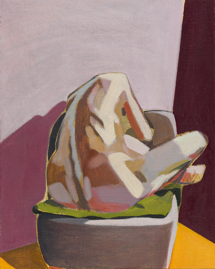 Headless Nude (Seated, Pink/ Purple/Yellow) , 2015, oil on linen on board, 10 x 8in
