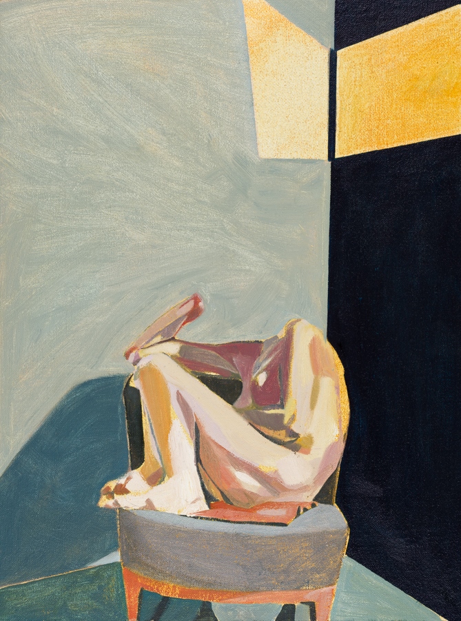 Headless Nude (Seated, Blue, Yellow Light), 2015, oil on linen on board, 16 x 12in