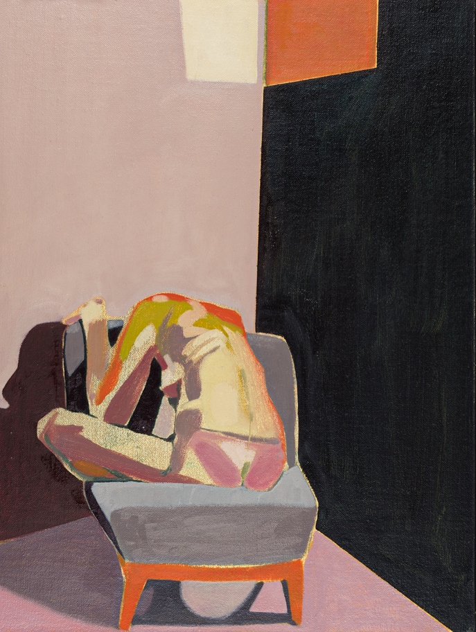 Headless Nude (Seated, Pink/Dark Blue, Orange Light) , 2015, oil on linen on board, 16 x 12in