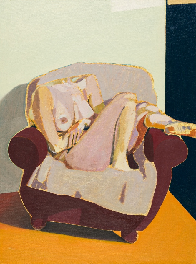 Headless Nude (Seated, Grey/Dark Blue/ Orange) , 2015, oil on linen on board, 16 x 12in