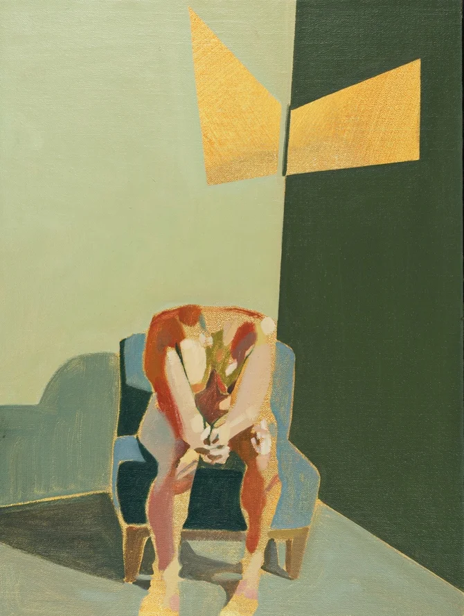 Headless Nude (Seated, Green, Yellow Light), 2015, oil on linen on board , 16 x 12in