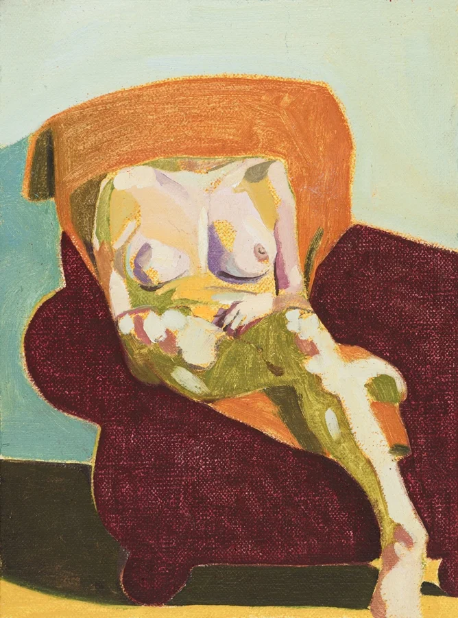 Headless Nude (Seated, Pale Blue/Orange/Maroon) , 2015, oil on linen on board, 8 x 6in