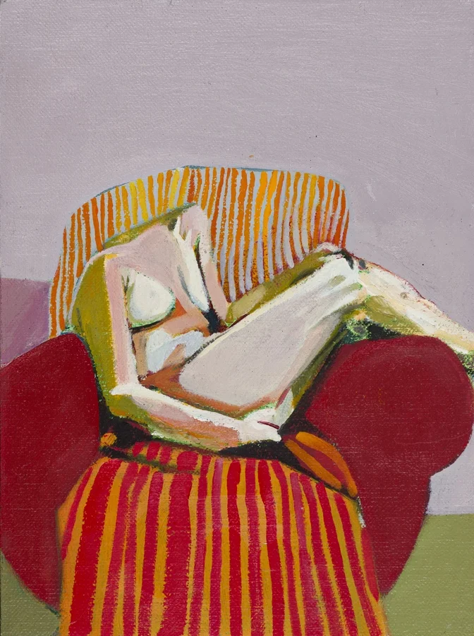Headless Nude (Seated, Red Stripes) , 2014-15, oil on linen on board, 8 x 6in
