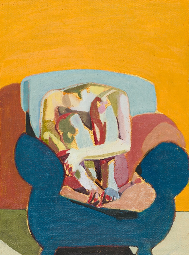 Headless Nude (Seated, Orange/Pale Blue/Blue) , 2015, oil on linen on board, 8 x 6in