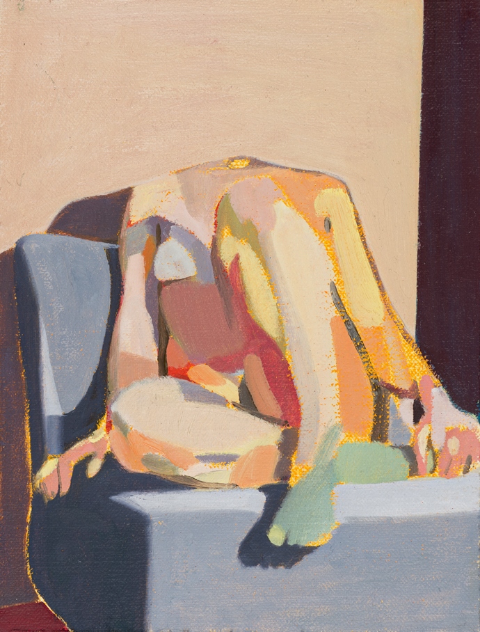 Headless Nude (Seated, Pale Pink/ Purple/Pale Blue) , 2015, oil on linen on board, 8 x 6 in