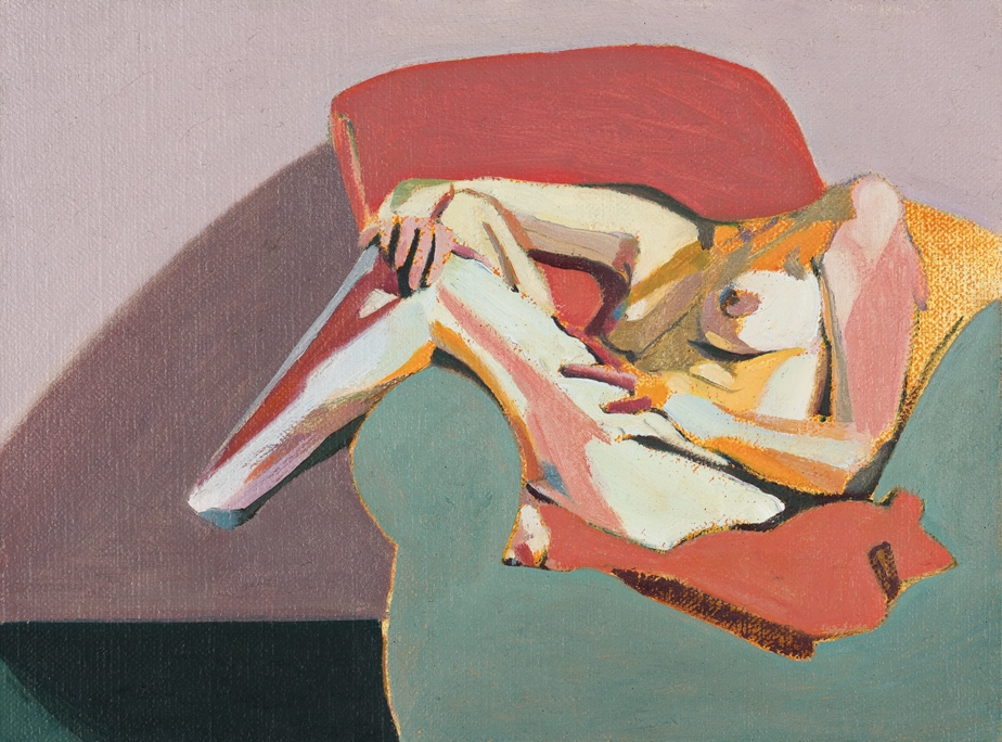 Headless Nude (Seated, Pale Pink/ Coral/Pale Blue) , 2015, oil on linen on board, 6 x 8in