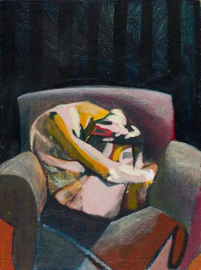 Headless Nude (Seated, Black Stripes) , 2014-15, oil on linen on board, 8 x 6in