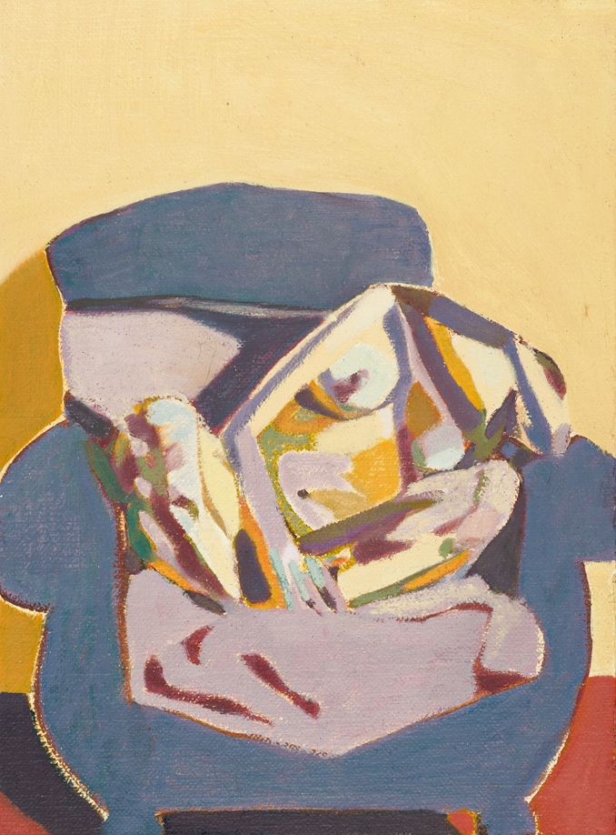 Headless Nude (Seated, Peach/Pale Purple) , 2015, oil on linen on board, 8 x 6in