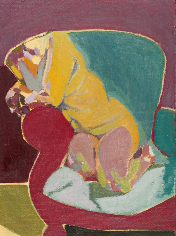 Headless Nude (Seated/Kneeling, Purple/Mauve/Blue) , 2015, oil on linen on board, 8 x 6in