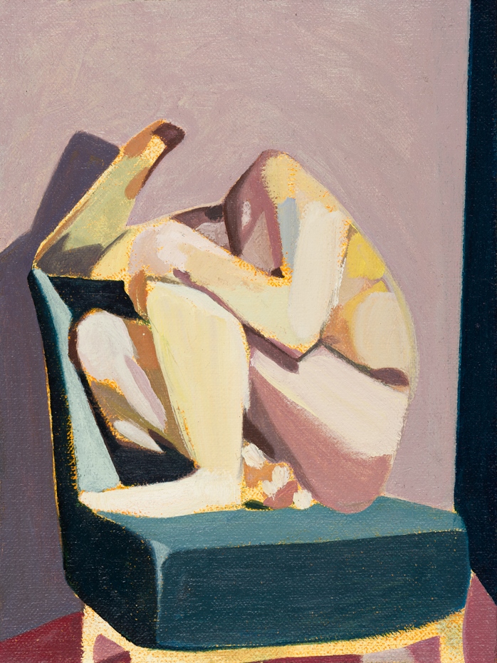 Headless Nude (Seated, Pale Pink/Dark Blue) , 2015, oil on linen on board, 8 x 6in