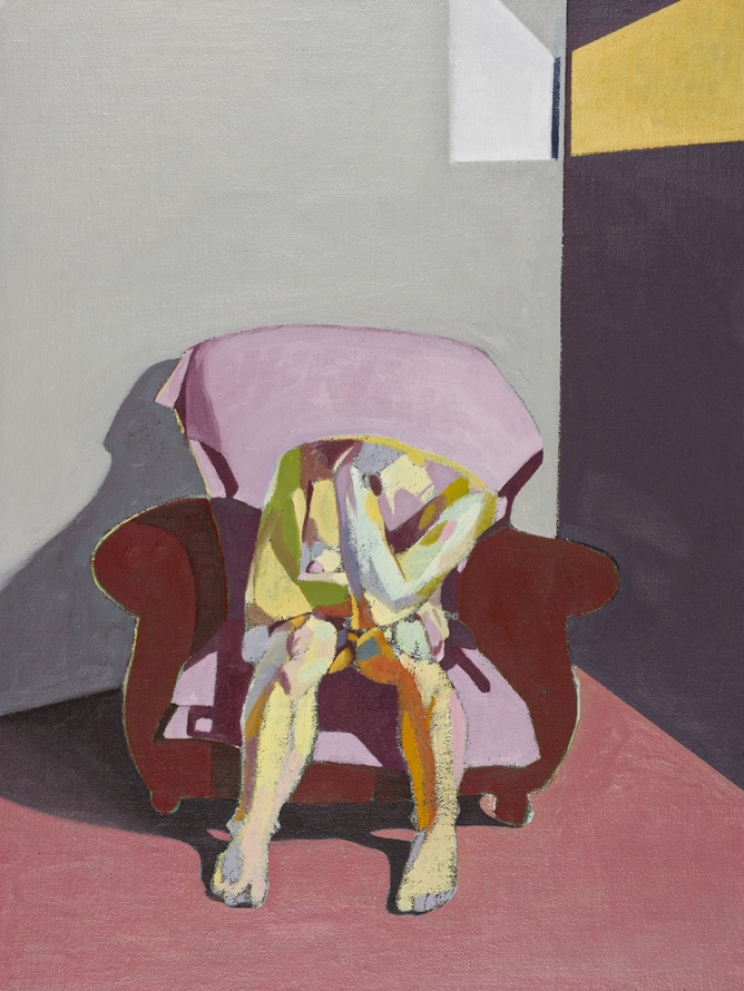 Headless Nude (Seated, Grey/Purple, Yellow Light) , 2015, oil on linen on board, 16 x 12in