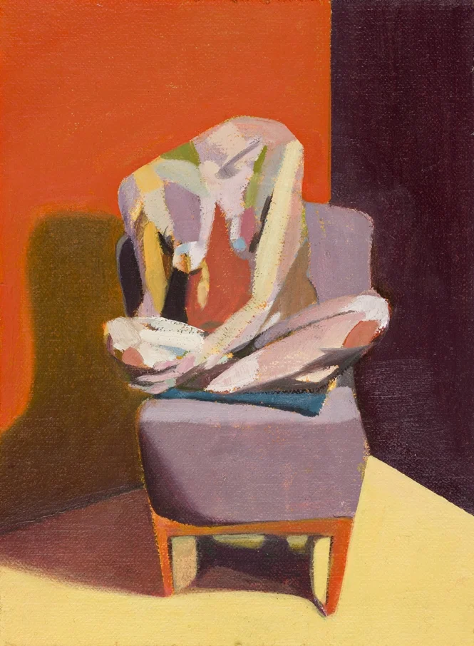 Headless Nude (Seated, Orange/Purple/Yellow), 2015, oil on linen on board, 8 x 6in