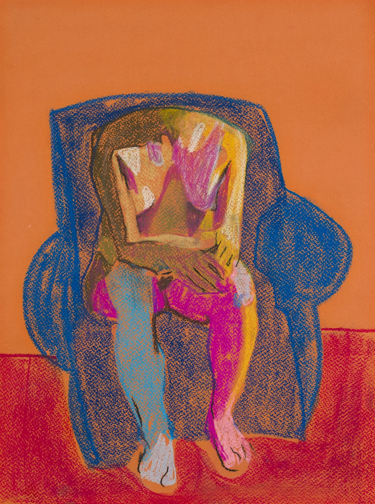 Headless Nude (Seated, Orange/Blue/Red), 2015, pastel on paper, 16 x 12in