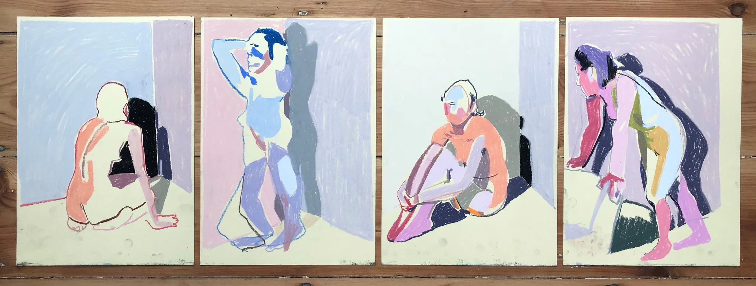'Sequence of four nudes on soft yellow'', 2018, pastel 29.6 x 21cm each, SOLD (click to enlarge)