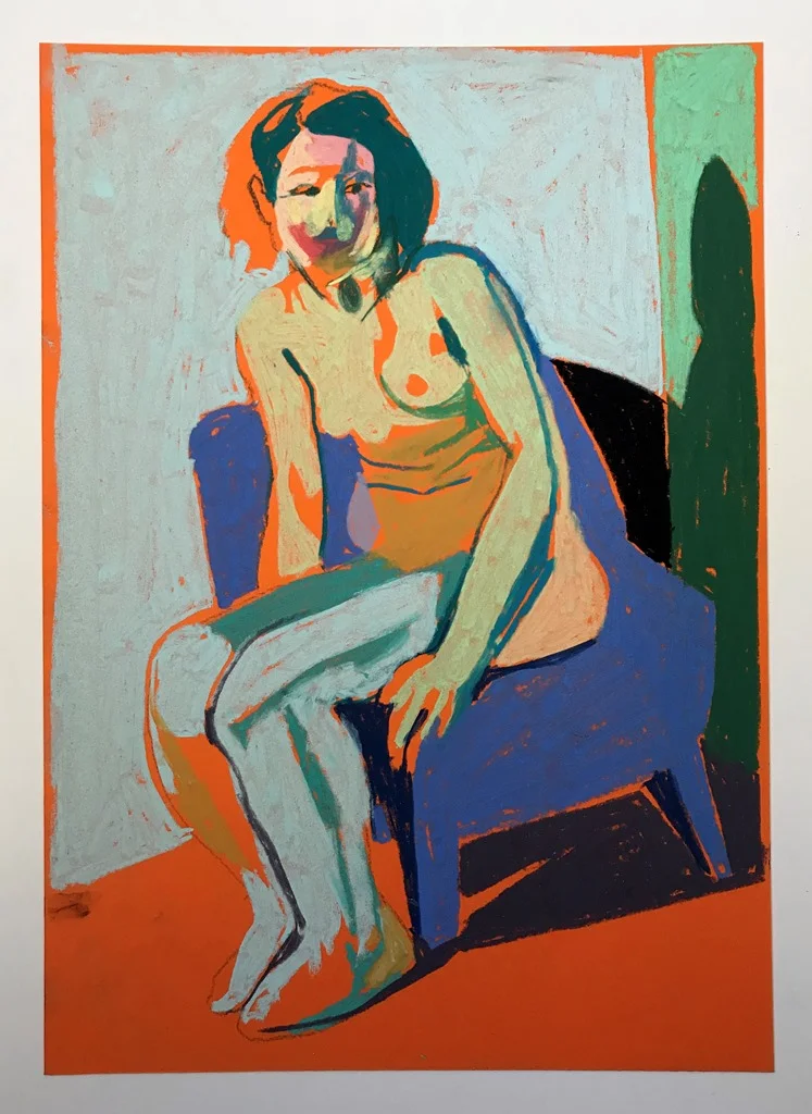 'Nude on orange with mauve chair', 2018, pastel, 29.7 x 21cm, SOLD