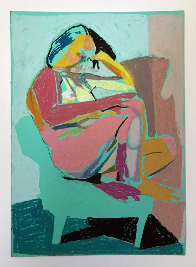 'Nude on turquoise with dark turquoise floor', 2018, pastel, 21 x 15cm, SOLD