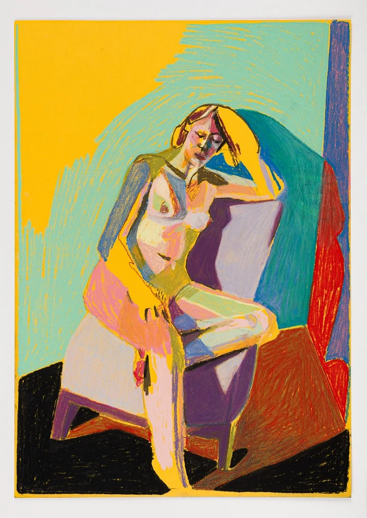 'Nude on yellow with red shadow', 2018, pastel, 42 x 29.7cm, SOLD Available as a limited edition print from Liberty London