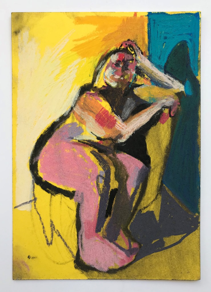 ‘Nude on yellow with blue wall’, 2018, pastel on paper, 14.8 x 10.5cm, SOLD